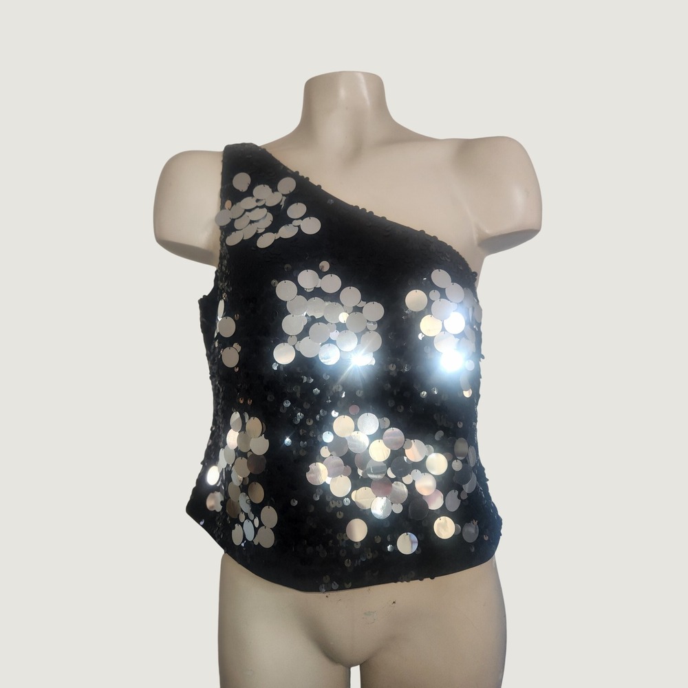 Citrine One Shoulder Sequin Top Black Silver Paillette‎ Party Blouse Womens 8